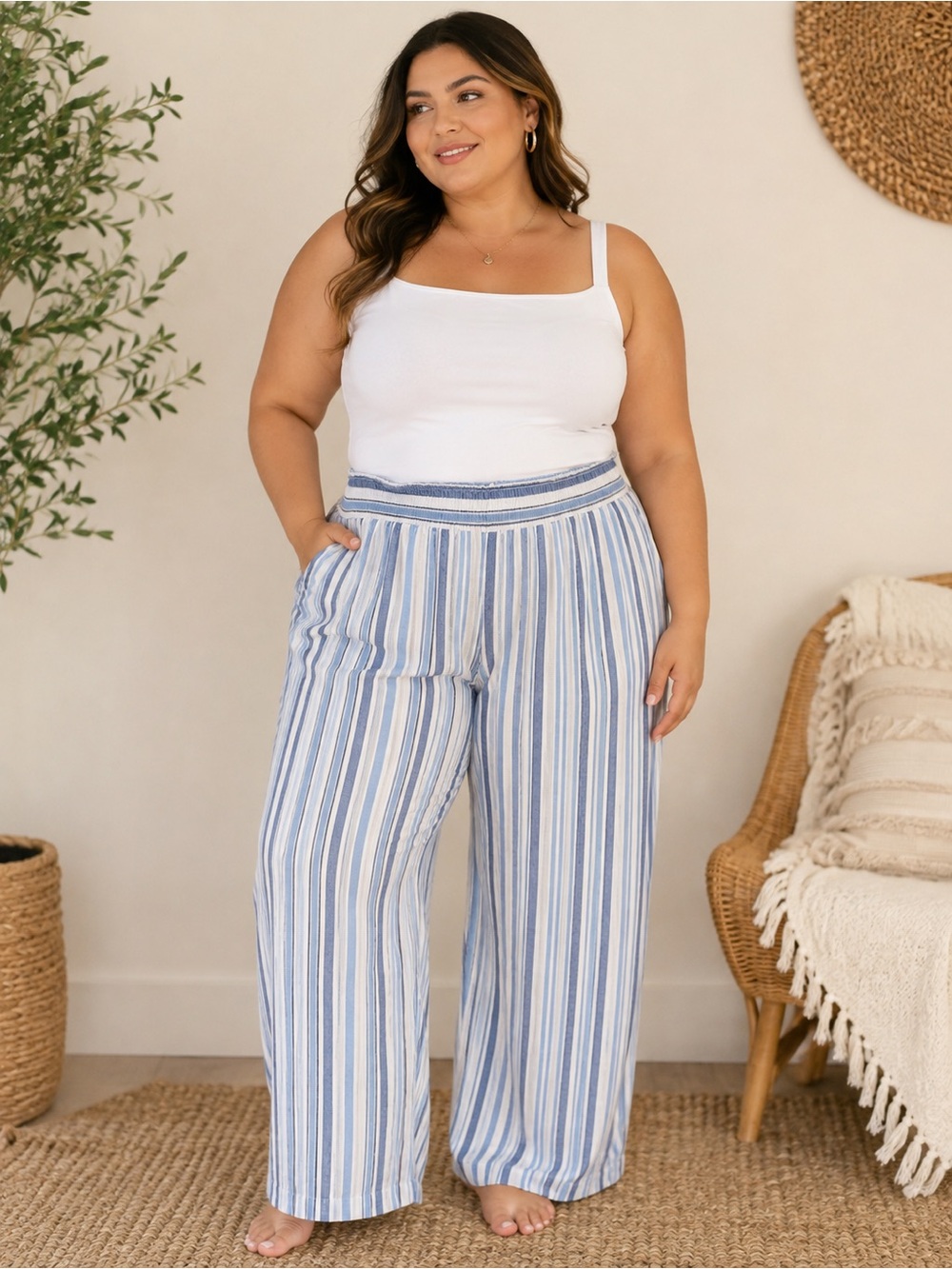 Blue and White Striped Elastic-Waist Linen Blend Pants